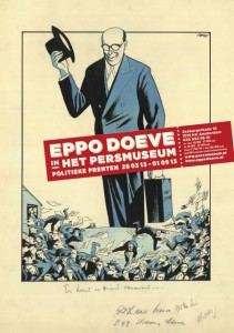 Aankondiging van de tentoonstelling over Eppo Doeves politieke prenten over de crisis in het Persmuseum
