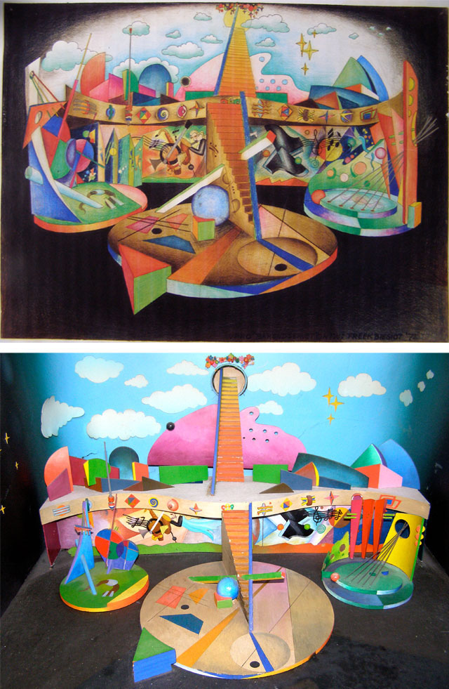Van boven naar beneden: decortekening, maquette en kleurendia van het decor voor Barend is weer bezig! (VPRO, 1972) van Freek Biesiot. Collectie: Nederlands Instituut voor Beeld en Geluid